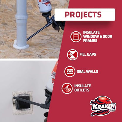 Kraken Bond Window & Door Expanding Foam Sealant - (12x24oz) Professional Gap Filling Gun Use Polyurethane Spray Foam, Low Expansion Waterproof Gap Filler, Gun&Cleaner Included - 12 Pack - size: 12 Pack