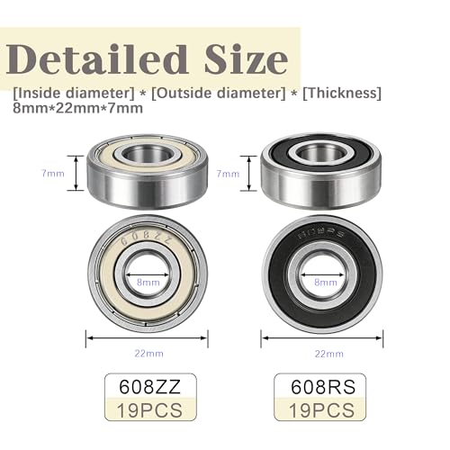 Dianrui 38 PCS 608RS & 608ZZ Ball Bearings Assortment Kit, Small Bearings Carbon Steel Deep Groove Bearing, for Furniture Wheel, Roller Skates, 3D Printing and ect - size: 608RS&ZZ