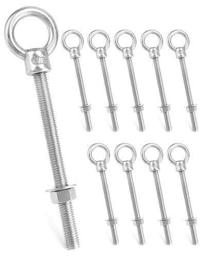 QWORK Threaded Eyebolts, 10 Pack 1/2"x6" Long Stainless Steel Marine Grade Shoulder Eye Bolt - color: 10 Pack, size: 1/2" x 6"