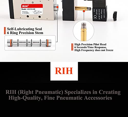 RIH Pneumatics Solenoid Valve 4V210-08 12V/24V/110V Series Single Coil Pilot-Operated Electric 2 Position 5 Way Connection Type (DC24V/Out of line, 1/4"NPT) - size: DC24V/Out of line, style: 1/4"NPT