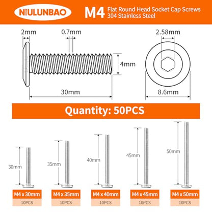 M4 x 30mm 35mm 40mm 45mm 50mm Flat Round Head Hex Socket Cap Screws Bolts, Furniture Screws, 304 Stainless Steel, Allen Hex Drive, Bright Finish, Metric Fully Threaded, Assortment Kit 50PCS - size: M4 x 30/35/40/45/50mm (50PCS)