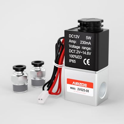 AIRZOE 1/4"NPT DC12V Solenoid Valve,2 Way Normally Closed Electric Solenoid Valve(Outlet Wire) 2V025-08