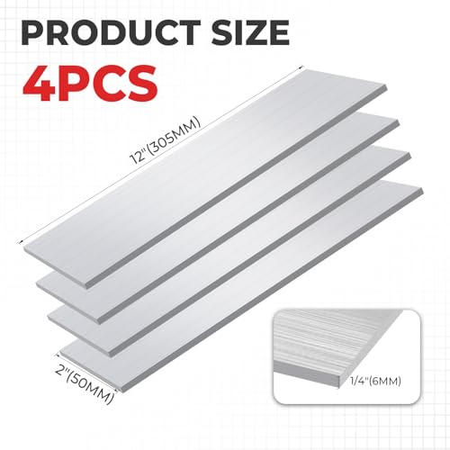 6061 Aluminum Flat Bar, 1/4" x 2" x 12" Rectangle Aluminum Bar Stock, T6511 Solid Mill Stock for Industrial Building, DIY Projects, Metal Crafting and Fabrication（4 Pcs ） - size: 1/4" x 2" x 12"