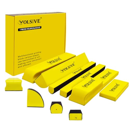 VOLSIVE 7pcs Hand Sanding Block Set, Rectangle Handheld Sanding Pad, Hook and Loop Interchangeable Assorted Shapes, for Sanding or Polishing in Auto Body and Paint Shops - Yellow - color: Sanding Block, size: Yellow 7pcs Set-Long Hook