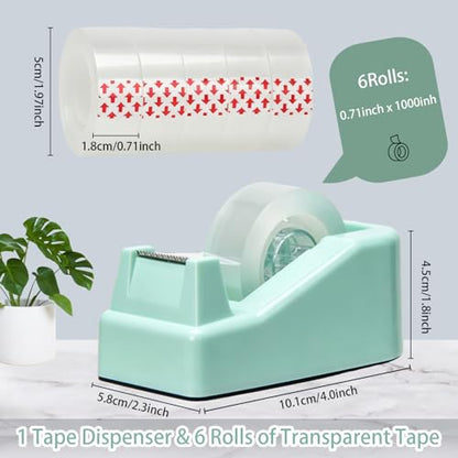 Tape Dispenser Desk,Desktop Tape Dispenser, Tape Dispenser with Weighted Non-Skid Base, Includes 6 Rolls Transparent Tape (0.71" x 1000"),Heavy Duty Tape Holder for Office, Home, School(Green) - color: Green
