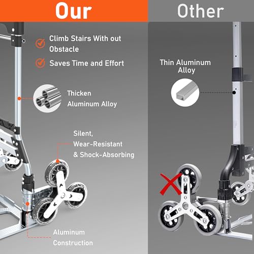 Stair Climbing Cart, 220 LBS Aluminum Stair Climber Dolly, Heavy Duty Folding Hand Truck Dolly with 6 Wheels, Telescoping Handle and Elastic Rope for Home, Moving, Groceries, Warehouse - color: Blcak, size: 180 lbs