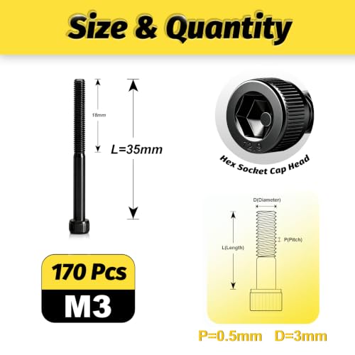 KADRICK 170PCS M3 x 35mm Hex Socket Head Cap Screws, Partially Threaded - size: M3x35MM 170PCS