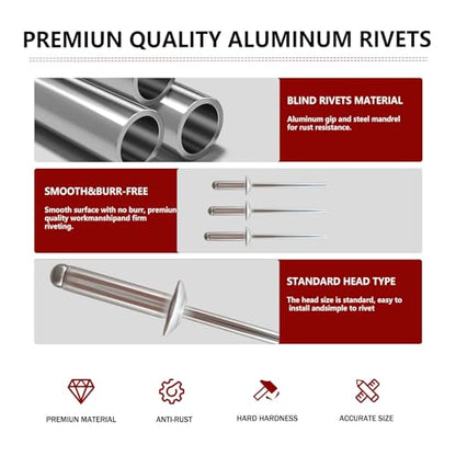 170pcs Silver 3/16-1/2 Inches Aluminum Blind Rivets, 4.8-12.7 mm Pop Rivets,Aluminum Grip and Steel Mandrel - color: Silver, size: 3/16-1/2 Inches