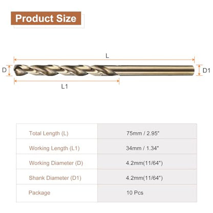 HARFINGTON 10pcs M35 Cobalt Twist Drill Bit 4.2mm(11/64") Dia High-Speed Steel Metric Drill Bit with Titanium Coating for Drilling Hard Metals, Stainless Steel, Alloy Steel, Cast Iron - size: 4.2mm