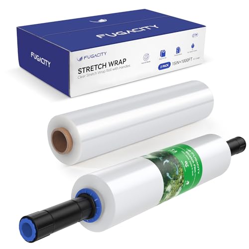 FugaCity Shrink Wrap-2 Rolls with Handles 15 inch W 1000ft L Heavy Duty Stretch Wrap,60 Gauge 500% Stretch Industrial Strength - size: 2 Pack(with Handles)