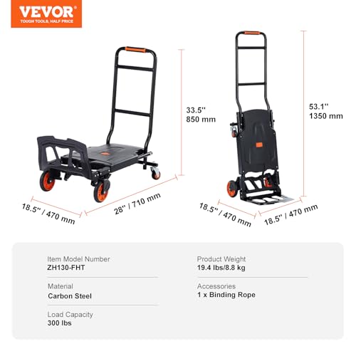 VEVOR Aluminum Folding Hand Truck, 2 in 1 Design 300 Lbs Capacity, Heavy Duty Industrial Collapsible cart, Dolly Cart with Rubber Wheels for Transport and Moving in Warehouse, Supermarket, Garden - size: 300 lbs