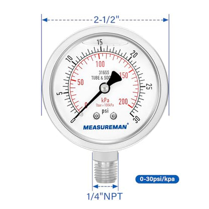MEASUREMAN Fully Stainless Steel Hydraulic Glycerin Filled Pressure Gauge, 2-1/2" Dial Size,0-30psi/kpa,1/4" NPT Lower Mount - size: 0-30 psi, style: Lower Mount(100% Stainless Steel)