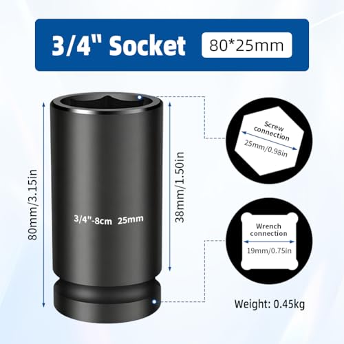 3/4-inch Drive Impact Socket, 1PC 25×80mm 6-Point CR-Mo Steel Deep Socket, Phosphated Rust Prevention Heavy-Duty Socket for Auto Repair - size: 25mm - Deep (80mm Length)