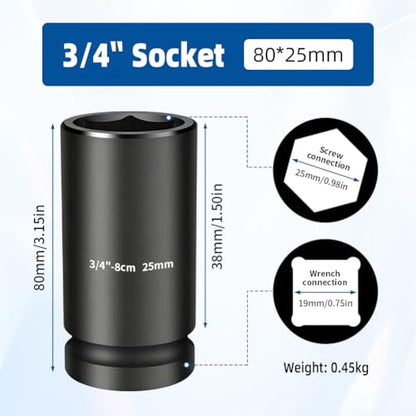 3/4-inch Drive Impact Socket, 1PC 25×80mm 6-Point CR-Mo Steel Deep Socket, Phosphated Rust Prevention Heavy-Duty Socket for Auto Repair - size: 25mm - Deep (80mm Length)