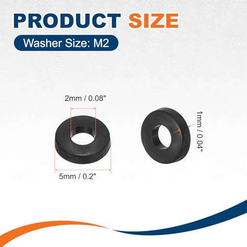 PATIKIL 125 Pcs Nylon Flat Washer M2 2mm ID 5mm OD 1mm THK Black - color: Black, size: 2mm x 5mm x 1mm