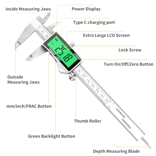 Rechargeable Digital Caliper 6 Inch, Large Backlit LCD Display