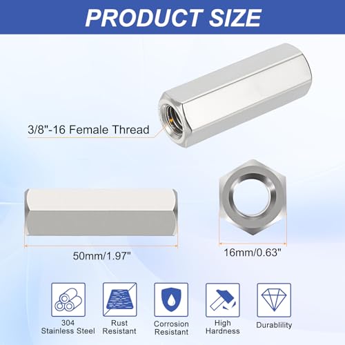 6Pcs Hex Coupling Nuts,3/8-16 UNC 50mm/1.97" Length, 304 SS - size: 3/8"-16 x 50mm