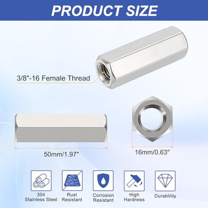 6Pcs Hex Coupling Nuts,3/8-16 UNC 50mm/1.97" Length, 304 SS - size: 3/8"-16 x 50mm