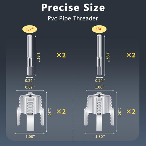 4Pcs PVC Pipe Threader Tool Kit, 1/2'' and 3/4'' Dies Internal & External Threading Tool for Electric Drill, Dual-Function Pipe Thread Cutting Kit for PVC/PPR