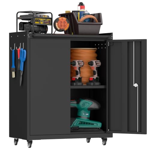 IRONFFICE Metal Storage Cabinet with Wheels,Lockable Steel Rolling Storage Cabinet with 2 Doors for Garage,Home Office,Assembly Required,Black - color: Black, size: 31.9"H