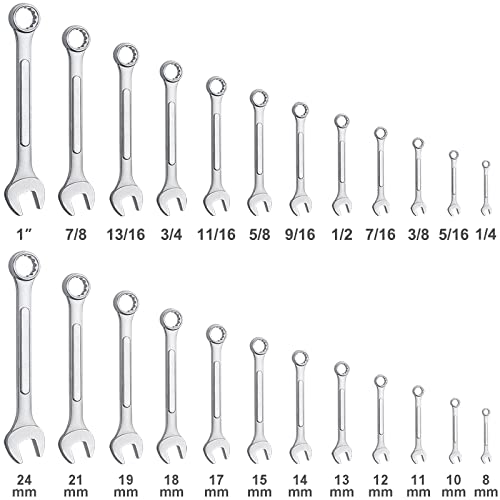 24-Piece All-Purpose Master Combination Wrench Set with Roll-up Pouch | SAE 1/4” to 1”, Metric 8mm to 24mm | Perfect for General Household, Garage, Auto Repairs, Car, Truck, Boat, and Travel Emergency
