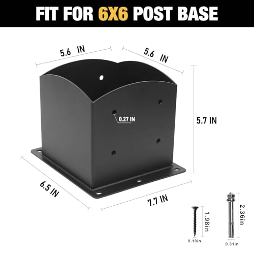 6x6 Post Base, Heavy Duty Post Bracket, Steel, Wood/Pergola, 2 Pcs - size: 6×6
