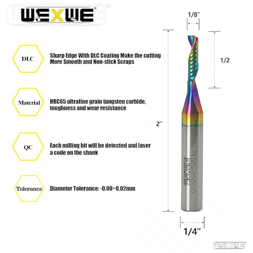Tools Solid Carbide CNC Spiral Single Flute End Mill - for Acrylic Plate Aluminum, Wood, Plastic, Brass, Copper Cutting - 1/8 Diameter 1/4" Shank 2" Length,1 Flute (1/8-1/2-2 1/4 2PCS) - size: 1/8-1/2-2 1/4 2PCS