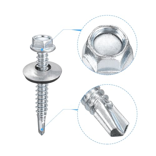 uxcell #12 x 1-1/2" Self Drilling Screws with Rubber Washer, 100pcs Zinc Plated Steel Roofing Screws Hex Head Self Tapping Screws with EPDM Washer for Metal to Metal - size: #12 x 1-1/2"