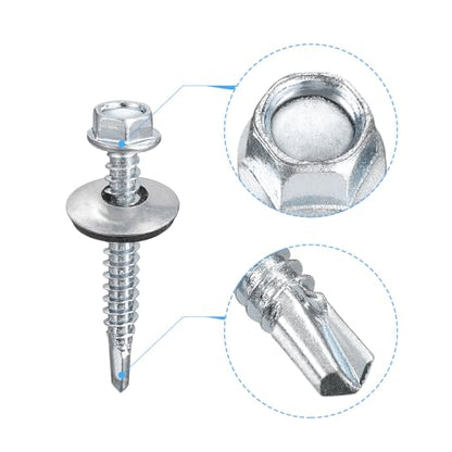 uxcell #12 x 1-1/2" Self Drilling Screws with Rubber Washer, 100pcs Zinc Plated Steel Roofing Screws Hex Head Self Tapping Screws with EPDM Washer for Metal to Metal - size: #12 x 1-1/2"