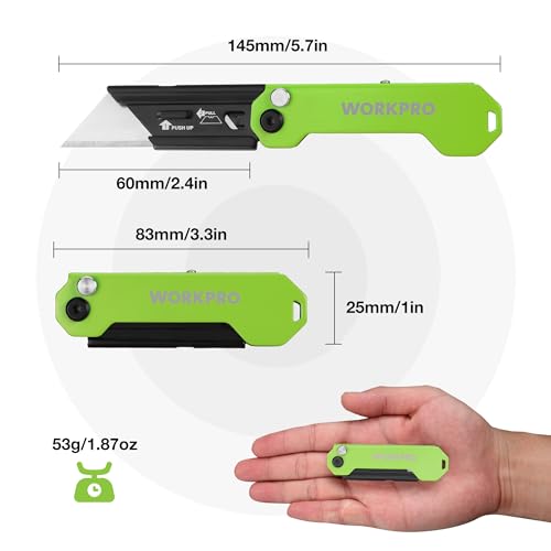 WORKPRO 2PCS EDC Folding Utility Knife, Mini Box Cutter with Quick Open Axis Lock, Quick Change Blade Razor Knife, Foldable Small Pocket Knife with Belt Clip, 2 Packs with 10 Extra Blades - color: Green