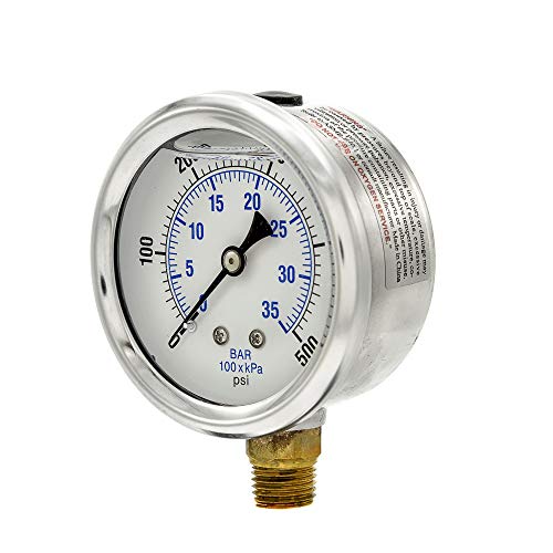 PIC Gauges PRO-201L-254J 0-500 PSI Pressure Gauge, 2 1/2" Dial, 1/4" Male NPT Connection, Bottom Mount, Dual Scale, Glycerin Filled, Stainless Steel Case/Bezel, Brass Internals & Plastic Lens - style: 0-500 PSI