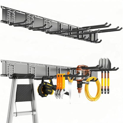 Garage Tool Organizer Wall Mount, 48inch Heavy-Duty Garage Storage System and Garden Tool Organizer with 7 Adjustable Hooks for Shovel, Snowboard, Yard Tools and Shed - size: 48"-7hooks