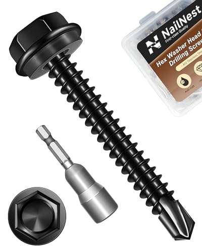 50PCS #10 x 1-1/2" Self Drilling Screws, Black Self Tapping Screws for Metal, 410 Stainless Steel Hex Washer Head Sheet Metal Screw, Quick Tapping with 8mm Hex Socket - color: Black, size: #10 x 1-1/2"