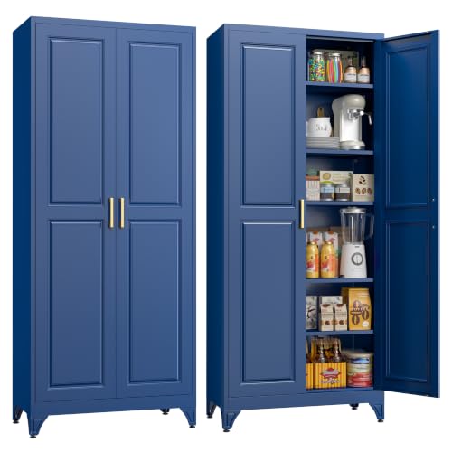 75" Tall Kitchen Pantry Storage Cabinet with Doors and 5 Shelves - color: Blue, size: 75"H-Standard