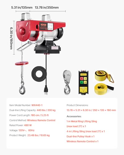 VEVOR Electric Hoist with Wireless Remote Control, 110v 440lbs Electric Hoist with Remote Control, 40ft/20ft Lifting Height Motor, for Garage Warehouse Factory - size: 440lbs