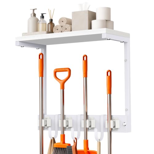 Supforce Small Broom Holder Wall Mount with Shelf, 4 Slots 3 Hooks - color: White, size: Small