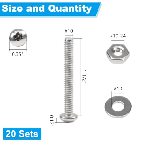 20 Sets #10-24 x 1-1/2" Pan Head Machine Screws Nuts Washers Kit - size: #10-24 x 1-1/2"