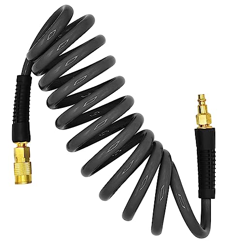 YOTOO Polyurethane Recoil Air Hose 3/8" Inner Diameter by 10' Long with Bend Restrictor, Repairable 1/4" Industrial Quick Coupler and Plug, Gray - size: 10 FT