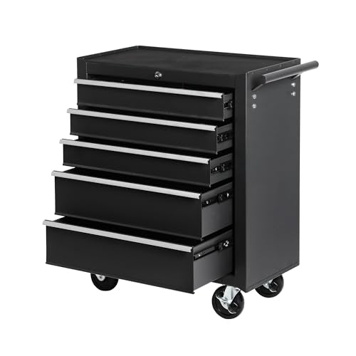 5-Drawer Rolling Tool Chest w/Drawers & Lock, Tool Storage Cabinet with Lockable Wheels, Top Cushion & Drawer Liners, Tool Organizer Box for Garage, Warehouse & Repair Sho - color: 5-drawer Black