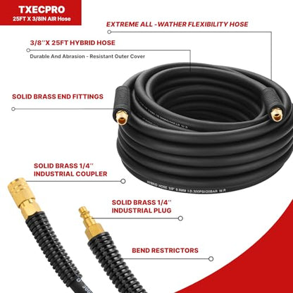 Air Compressor Hose 3/8 Inch x 25 FT, Hybrid Air Hose, Heavy Duty Lightweight Flexible Air Hose, Kink Resistant, All Weather Performance, 1/4" Industrial Quick Connect Coupler & Plug, 300 PSI, Black - size: 25FT
