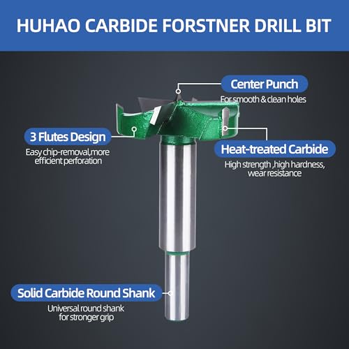 HUHAO 2" | 50mm Triple Flute Forstner Drill Bit, Tungsten Carbide Upgraded Drilling Hole Saw Woodworking Hinge Cutter Tool Kits for Wood,Plywood,Plastic,MDF - size: 50 mm