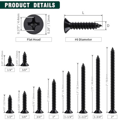 #6 x 5/8" Flat Head Phillips Sheet Metal Tek Screws, 304 Stainless Steel 18-8, Black Oxide Coated Finish, Corrosion Resistant Flat Head Wood Screws, 100 PCS - size: #6 x 5/8"