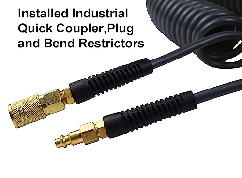 YOTOO Polyurethane Recoil Air Hose 3/8" Inner Diameter by 25' Long with Bend Restrictor, Repairable 1/4" Industrial Quick Coupler and Plug, Gray - size: 25 FT