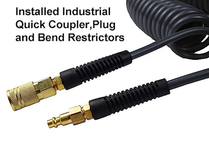 YOTOO Polyurethane Recoil Air Hose 3/8" Inner Diameter by 25' Long with Bend Restrictor, Repairable 1/4" Industrial Quick Coupler and Plug, Gray - size: 25 FT
