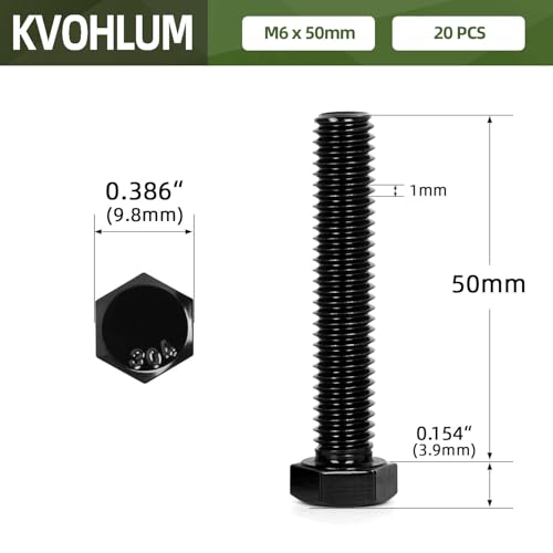 20 PCS M6 x 50mm Hex Head Screw Bolt, Stainless Hex Bolts, Full Thread, 18-8 Stainless Steel (304), Black Coating - size: M6 x 50mm