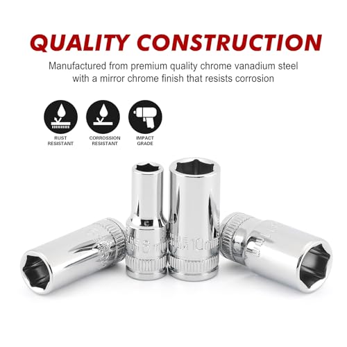 CASOMAN 13PCS 1/4"Drive Mid-Length Socket Set, 6-Point, Mirror Chrome Finish, Metric, 4mm to 15 mm - size: 1/4"Dr., Mid-Length, 4.0 to 15.0mm
