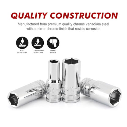CASOMAN 13PCS 1/4"Drive Mid-Length Socket Set, 6-Point, Mirror Chrome Finish, Metric, 4mm to 15 mm - size: 1/4"Dr., Mid-Length, 4.0 to 15.0mm