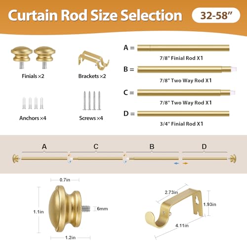 TONIAL Curtain Rods for Windows, 32 to 58 Inch, Gold, Single Drapery Rod - color: Gold, size: 32-58"