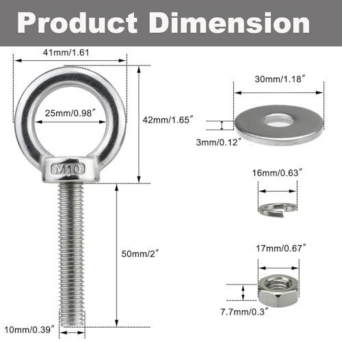 M10 Stainless Steel Eye Bolt with Nuts 4 Pack M10 x 50mm (3/8" x 2 inch) - size: M10x50mm (3/8"x2")