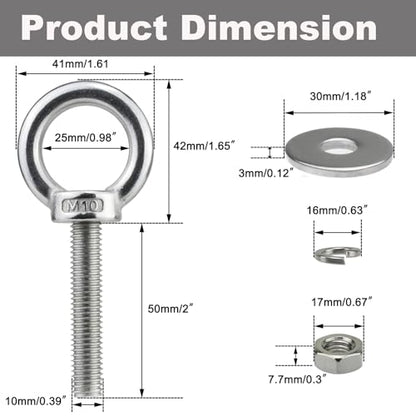 M10 Stainless Steel Eye Bolt with Nuts 4 Pack M10 x 50mm (3/8" x 2 inch) - size: M10x50mm (3/8"x2")
